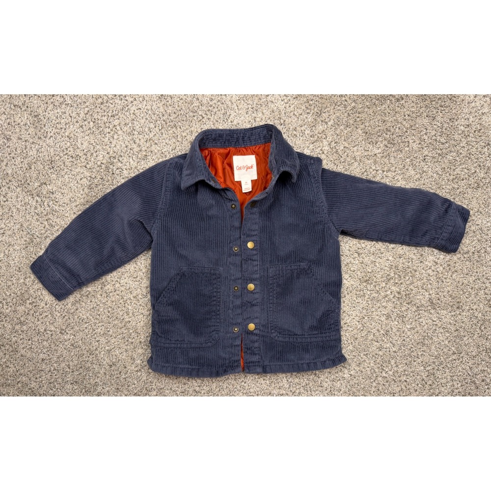 Cat & Jack Jacket Corduroy 2T Blue Barn Coat Quilted Lining Snap Front Utility